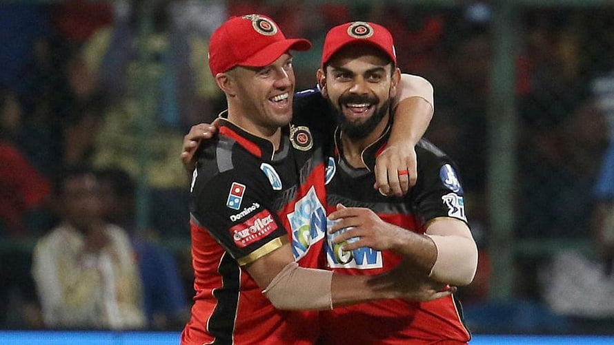 Virat Kohli and AB de Villiers Celebrate Together in Royal Challengers Bangalore Kit HD wallpaper