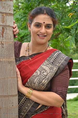 Pavitra Lokesh in a red and black patterned saree leaning against a tree trunk outdoors HD phone wallpaper