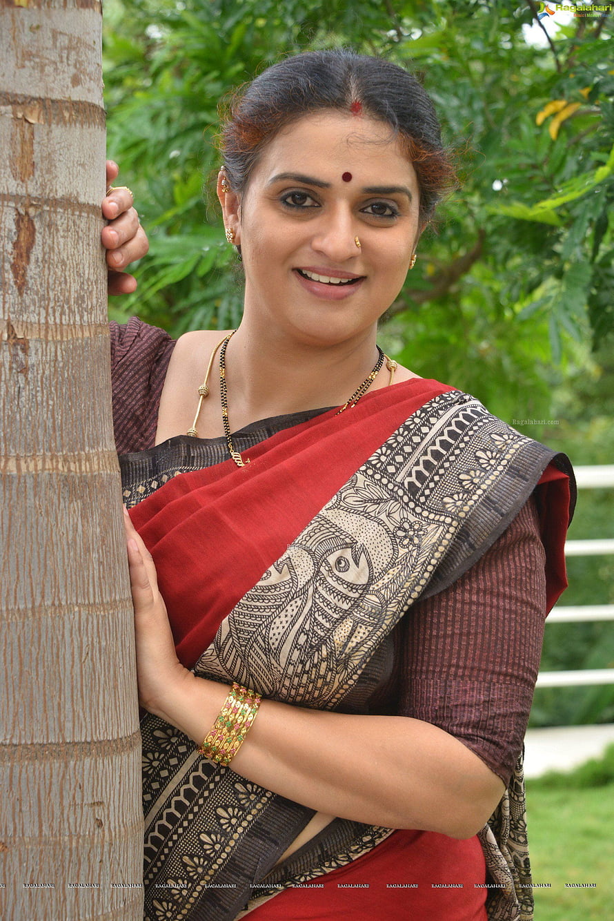 Pavitra Lokesh in a red and black patterned saree leaning against a tree trunk outdoors HD phone wallpaper