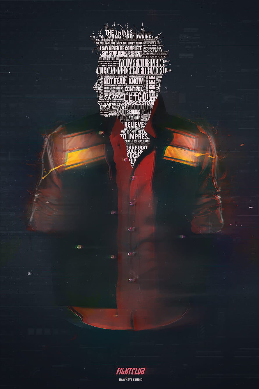 Fight Club Tyler Durden Text Art Portrait with Red Jacket and Glitch Effect HD phone wallpaper