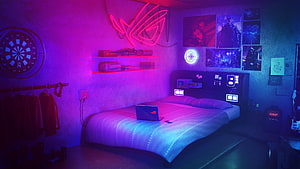 Neon-lit gaming bedroom with ROG logo, cyberpunk aesthetic, and tech accessories HD wallpaper