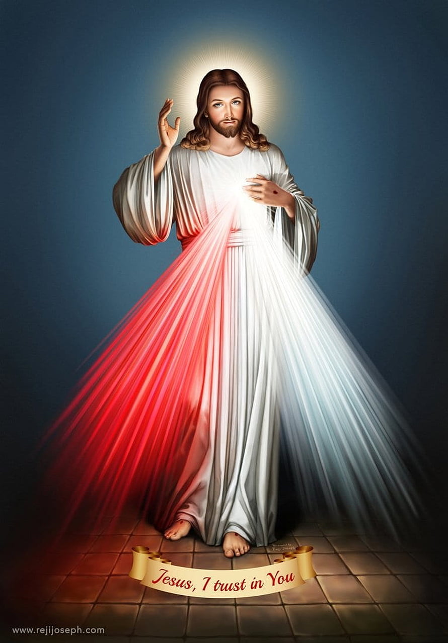 Sacred Heart of Jesus Divine Mercy Portrait with Radiant Light and Prayer Banner HD phone wallpaper