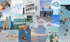Pastel Aesthetic Mood Board with Flowers, Ocean, and City Skyline HD wallpaper