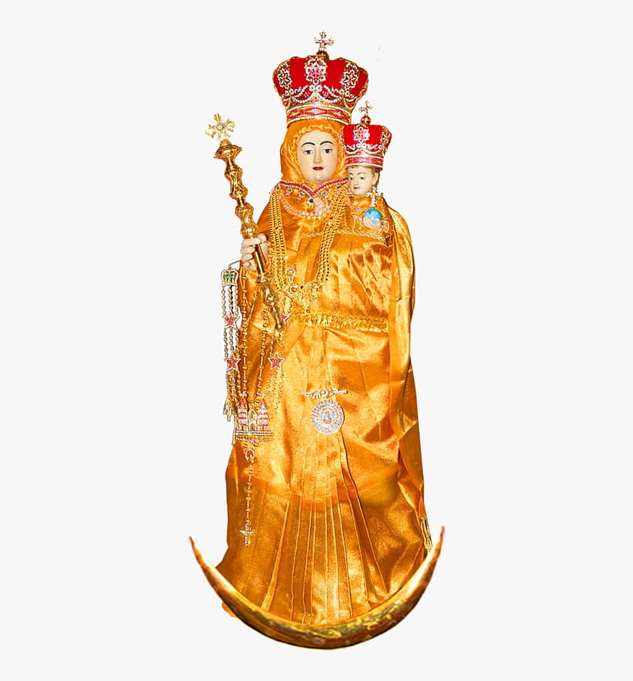 Velankanni Matha Statue in Golden Robes with Crown and Scepter on Crescent Moon HD phone wallpaper