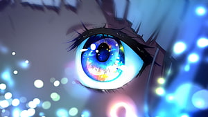 Anime Girl Eye Close-Up with Cosmic Galaxy Iris and Blue Bokeh Lights HD wallpaper