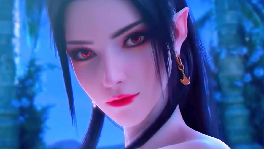3D animated fantasy elf woman with glowing red eyes and black hair in a mystical blue forest setting, Battle Through The Heavens AMV彩鳞Cai Lin Queen Medusa, #cai lin HD wallpaper
