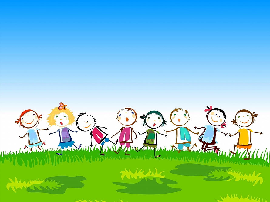 Happy Cartoon Children Holding Hands and Running on Green Grass Under Blue Sky HD wallpaper