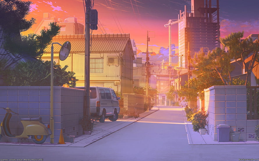 Anime Japanese Neighborhood Street at Sunset with Warm Orange and Purple Sky HD wallpaper