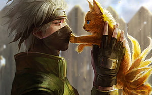 Naruto Uzumaki and Nine-Tailed Fox Kitten in a Tender Moment HD wallpaper