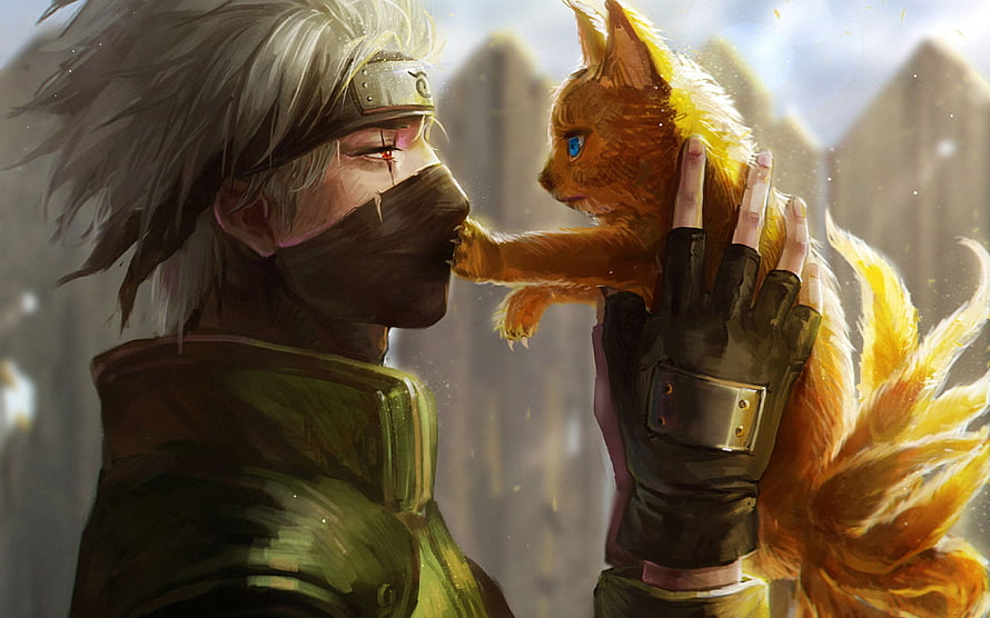 Naruto Uzumaki and Nine-Tailed Fox Kitten in a Tender Moment HD wallpaper