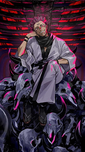 Sukuna Ryomen from Jujutsu Kaisen sitting on a throne of skulls with a sinister smile HD phone wallpaper
