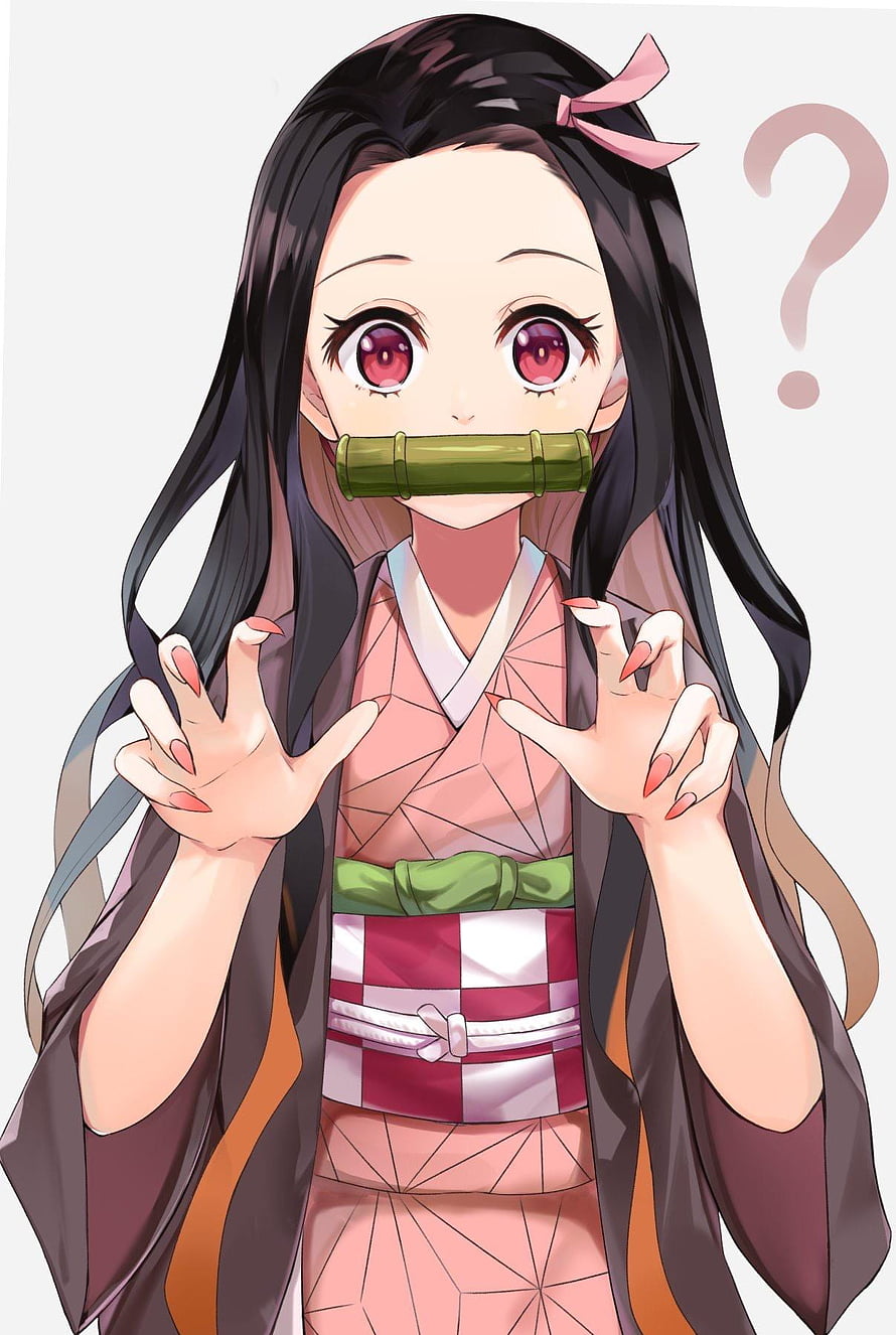 Nezuko Kamado from Demon Slayer Anime in Pink Kimono with Bamboo Mouthpiece HD phone wallpaper