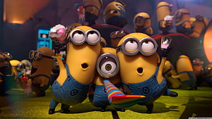 Minions Celebrating at a Vibrant Party with Drinks and Confetti HD wallpaper
