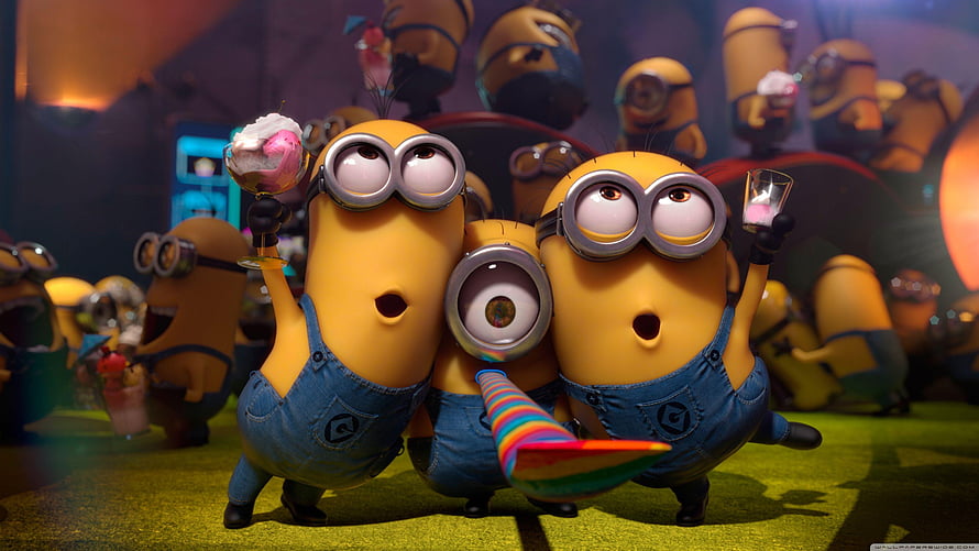 Minions Celebrating at a Vibrant Party with Drinks and Confetti HD wallpaper
