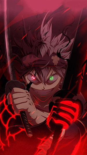 Natsu Dragneel wielding dual swords with glowing red and green eyes in a dark fantasy anime style HD phone wallpaper