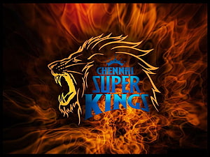 Chennai Super Kings roaring lion logo with fiery orange flames and blue crown emblem HD wallpaper