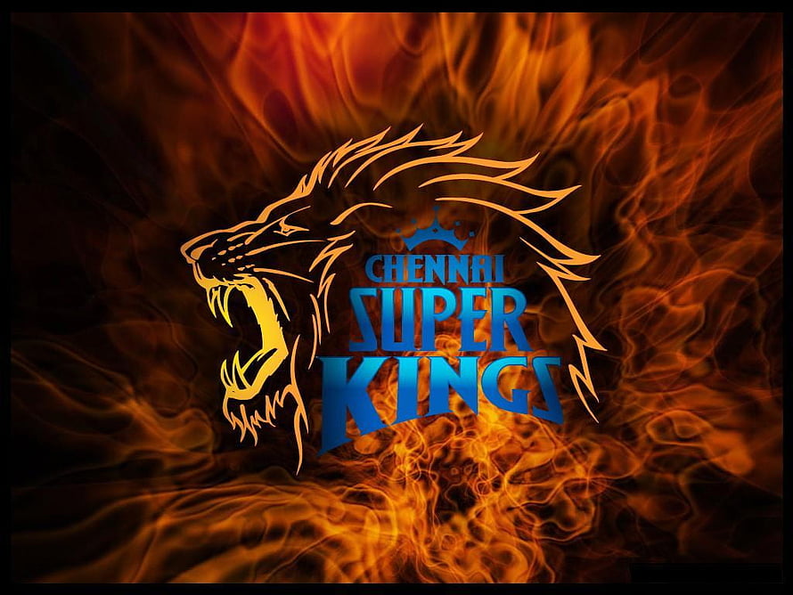 Chennai Super Kings roaring lion logo with fiery orange flames and blue crown emblem HD wallpaper