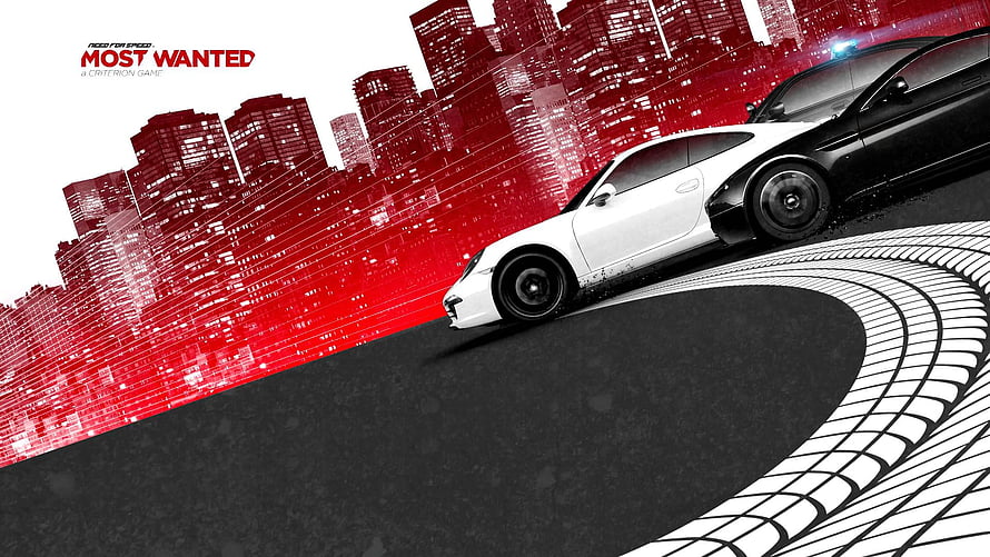 Need For Speed Most Wanted stylized cityscape with white sports car and police pursuit HD wallpaper
