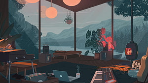 Cozy Cabin Interior with Mountain Lake View, Fireplace, and Music Studio Setup HD wallpaper