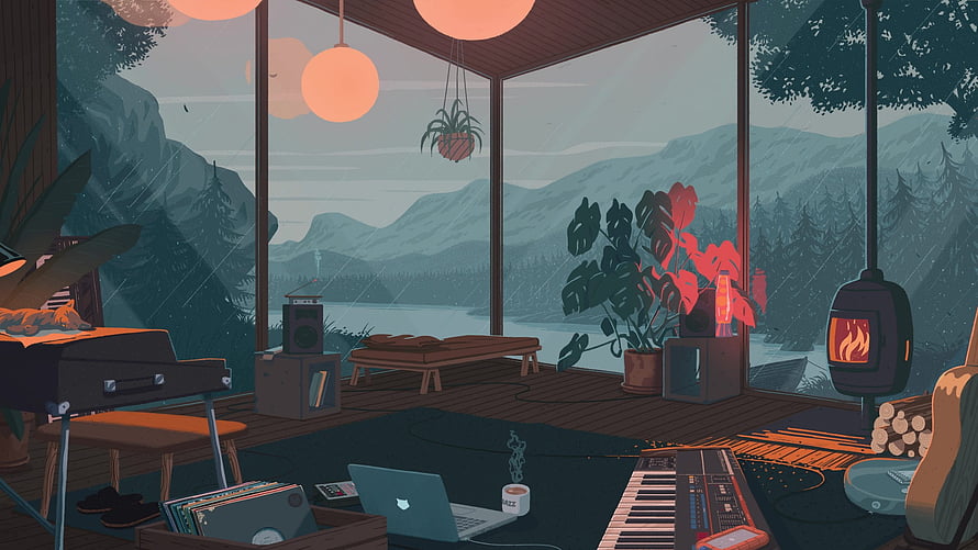 Cozy Cabin Interior with Mountain Lake View, Fireplace, and Music Studio Setup HD wallpaper