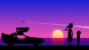 Rick and Morty Silhouette Scene with Portal Gun and Sunset Skyline HD wallpaper