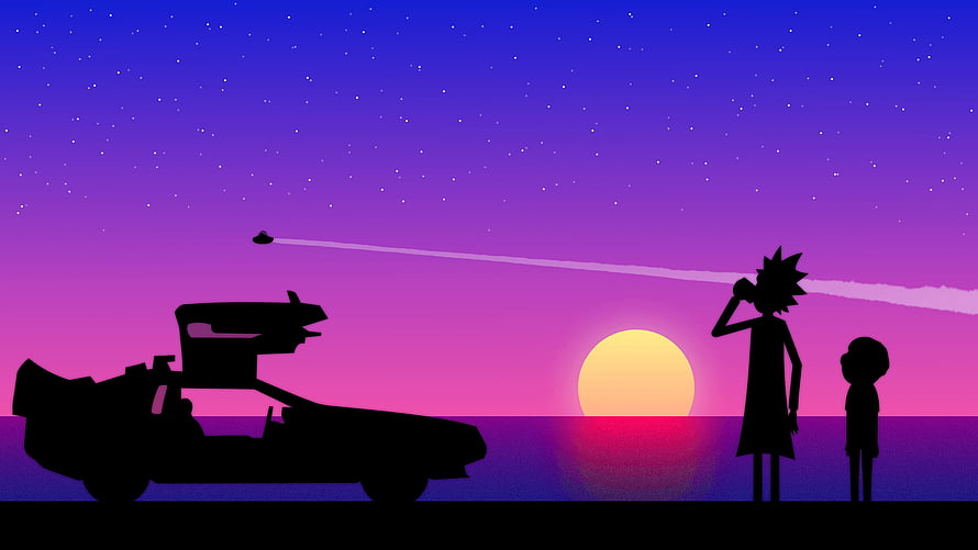 Rick and Morty Silhouette Scene with Portal Gun and Sunset Skyline HD wallpaper