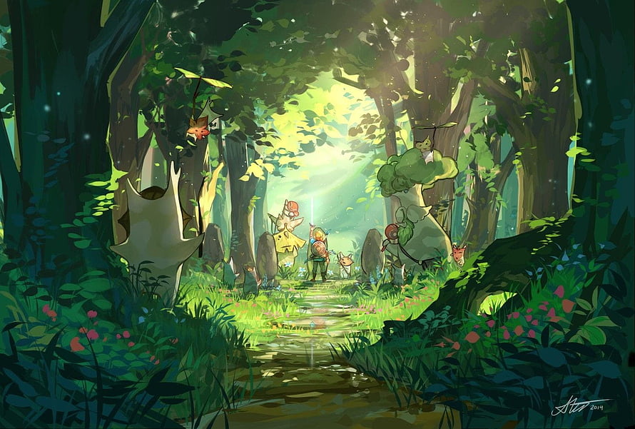 Legend of Zelda Breath of the Wild Concept Art Featuring Link and Koroks in a Sunlit Forest HD wallpaper