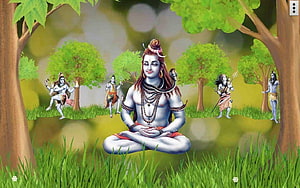 Lord Shiva meditating in a lush green forest with other deities in the background HD wallpaper