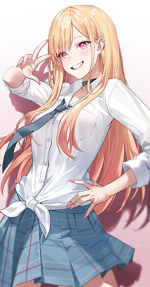 Kitagawa Marin Anime Girl in School Uniform with Peace Sign HD phone wallpaper