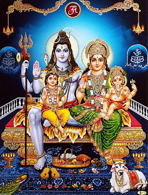 Lord Shiva and Parvati with Ganesha and Kartikeya Hindu Deity Family Portrait HD phone wallpaper