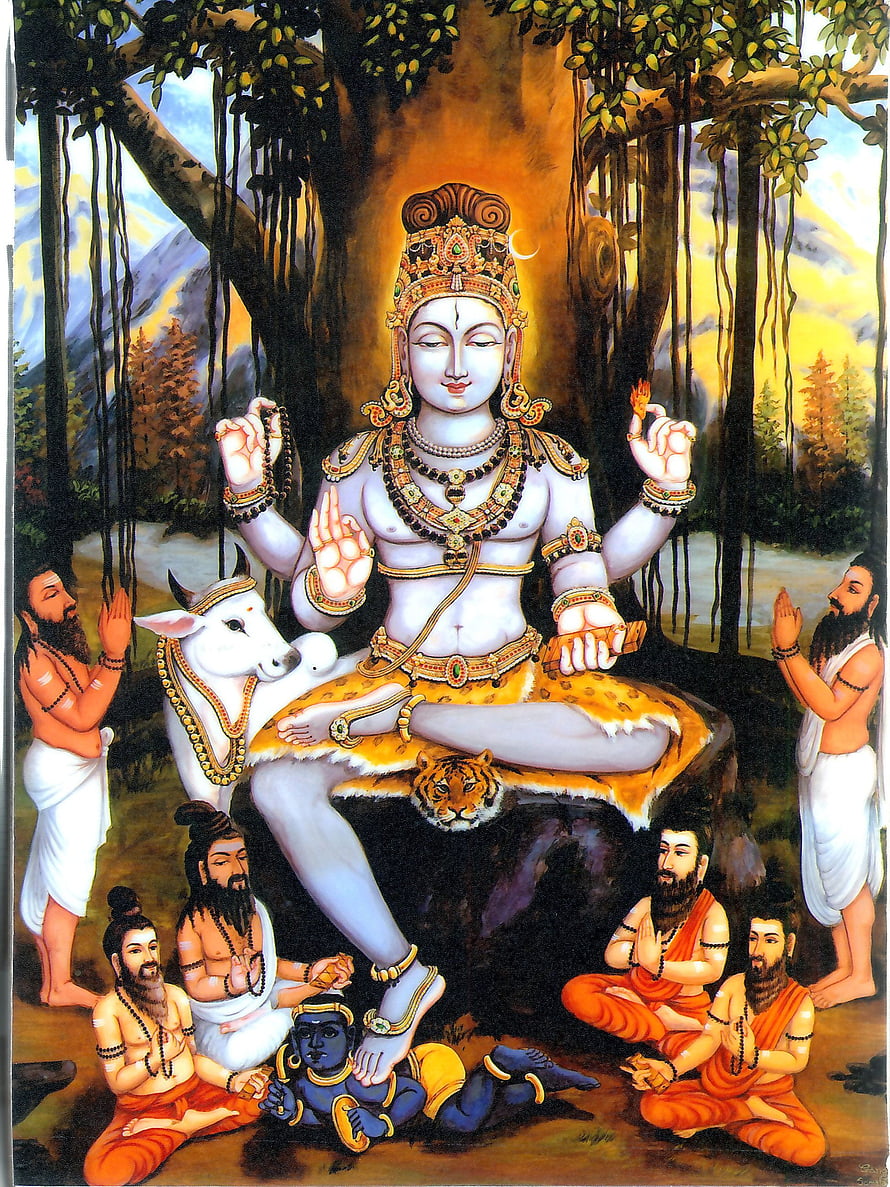 Lord Shiva seated in meditation under a tree, surrounded by devotees, a white bull, and a tiger skin HD phone wallpaper
