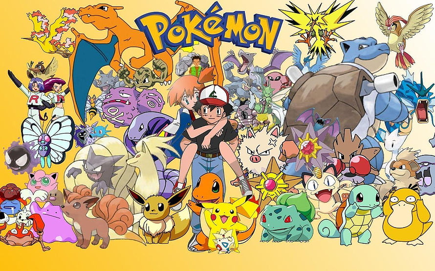 Ash Ketchum and Pikachu surrounded by a massive collection of classic Pokemon characters and legendary creatures HD wallpaper