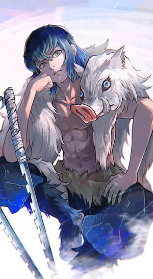 Inosuke Hashibira from Demon Slayer in Boar Mask with Katana HD phone wallpaper