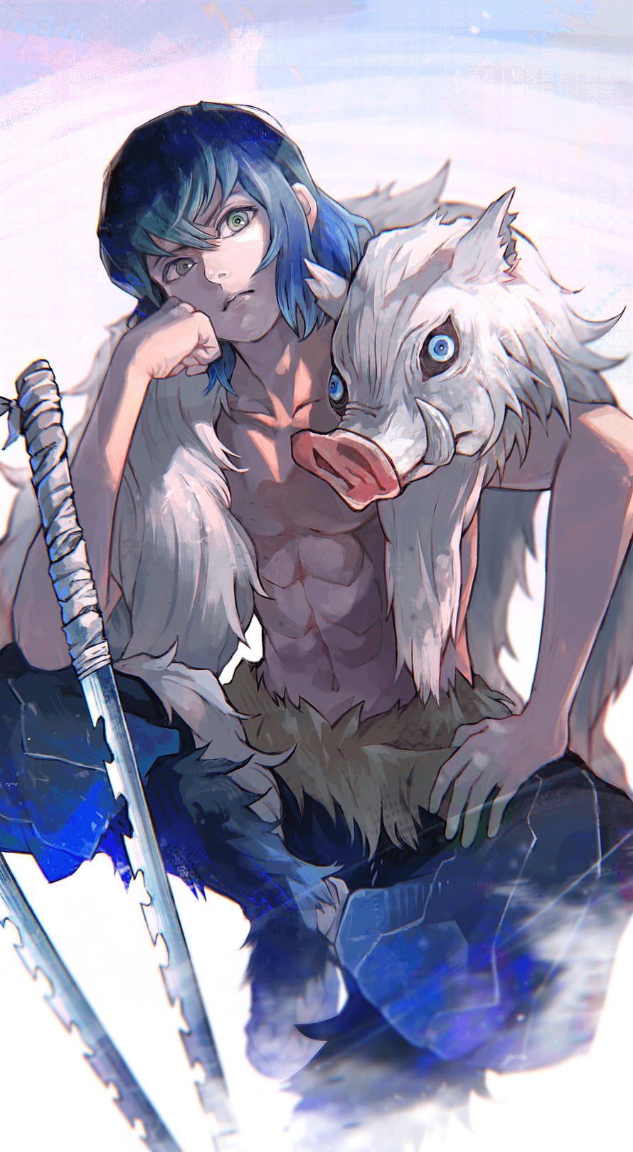 Inosuke Hashibira from Demon Slayer in Boar Mask with Katana HD phone wallpaper