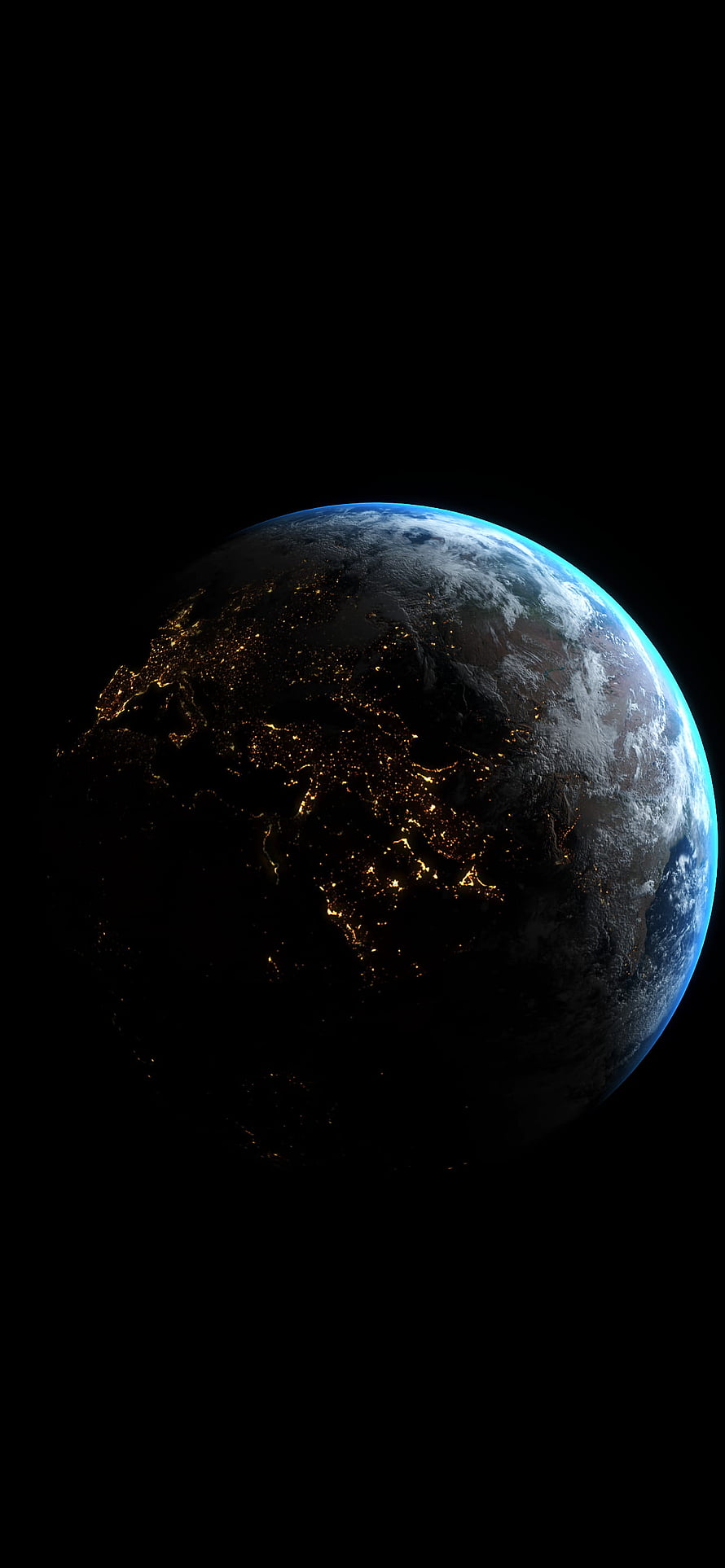 Earth at Night with City Lights and Blue Atmosphere from Space HD phone wallpaper