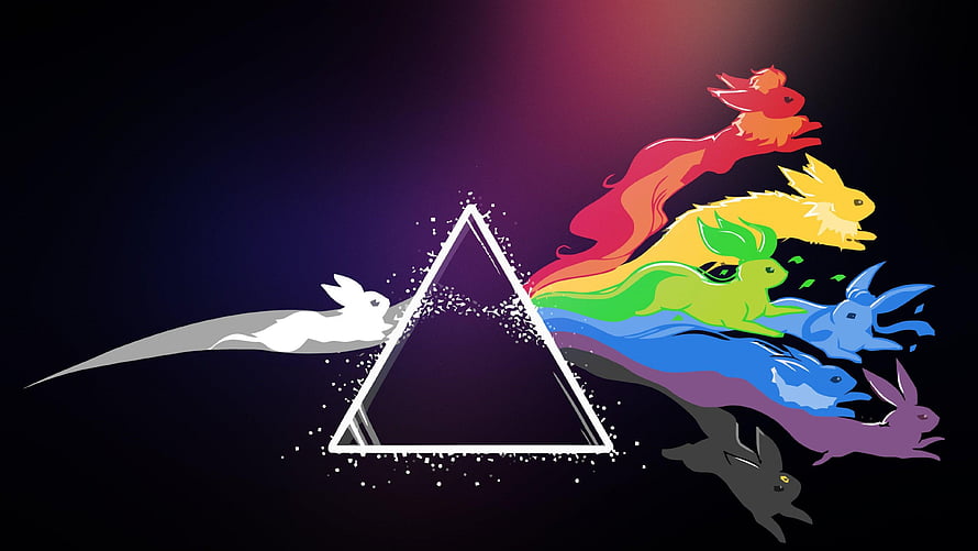 Seven Rainbow Colored Rabbits Leaping Through a Glowing White Triangle on a Dark Background HD wallpaper