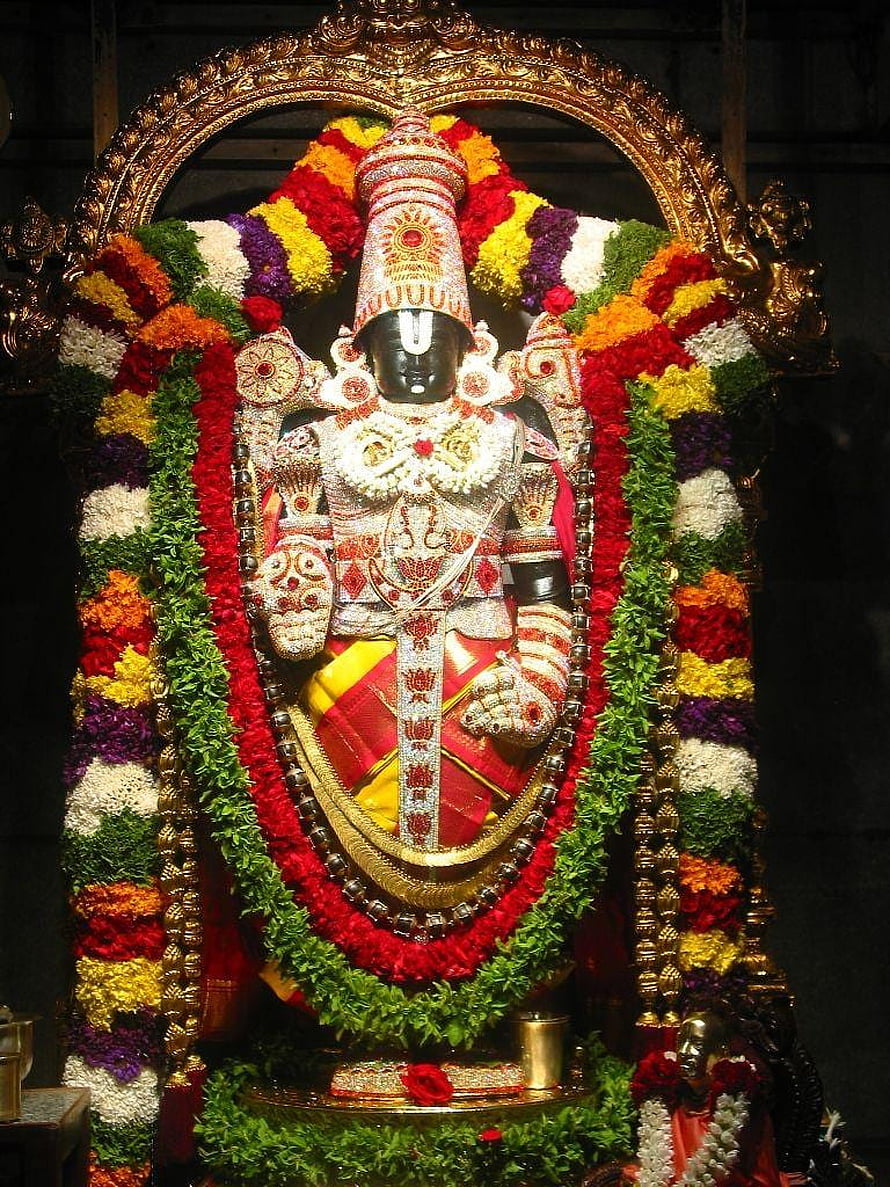 Sri Venkateswara Swamy Temple Deity Adorned in Vibrant Flower Garlands and Gold Jewelry HD phone wallpaper