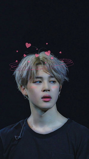 Jimin BTS Portrait With Blushing Cheeks And Floating Pink Hearts On Dark Background HD phone wallpaper