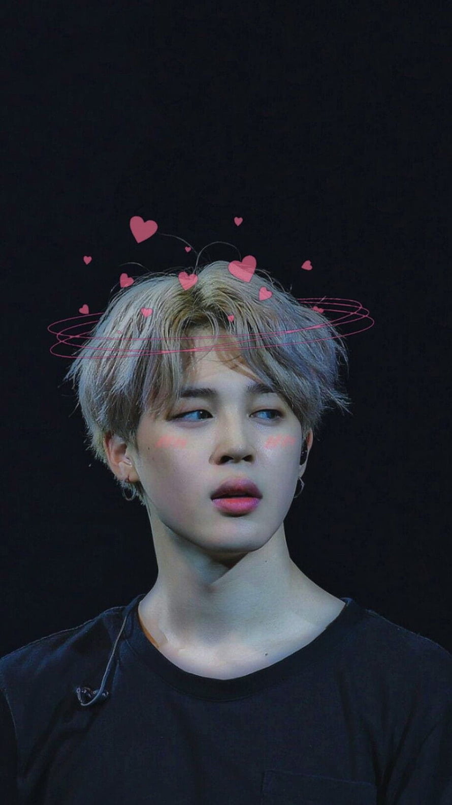 Jimin BTS Portrait With Blushing Cheeks And Floating Pink Hearts On Dark Background HD phone wallpaper