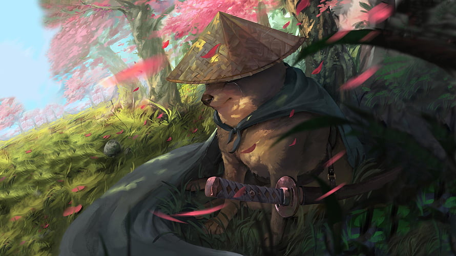 Anthropomorphic Dog Samurai in Conical Hat Under Pink Cherry Blossoms HD wallpaper