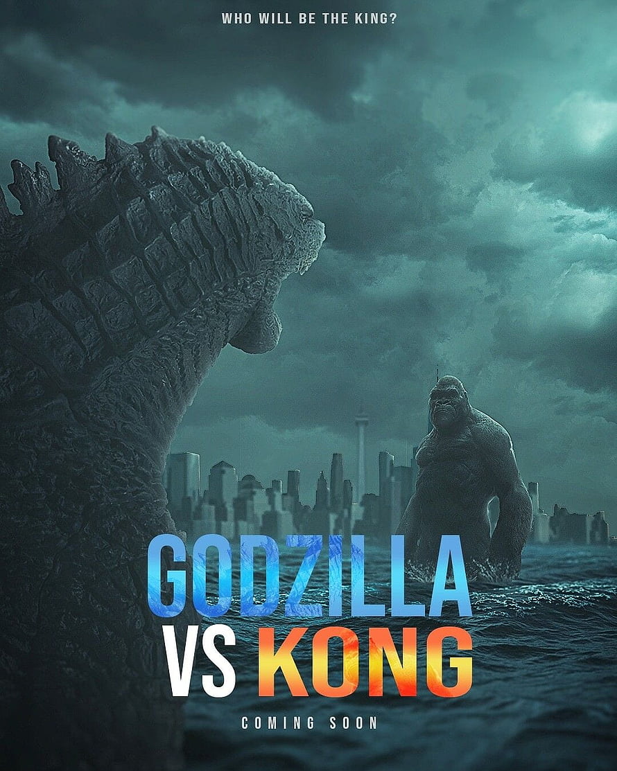 Godzilla vs Kong Movie Poster Featuring Two Titans Facing Off Over a City Skyline HD phone wallpaper