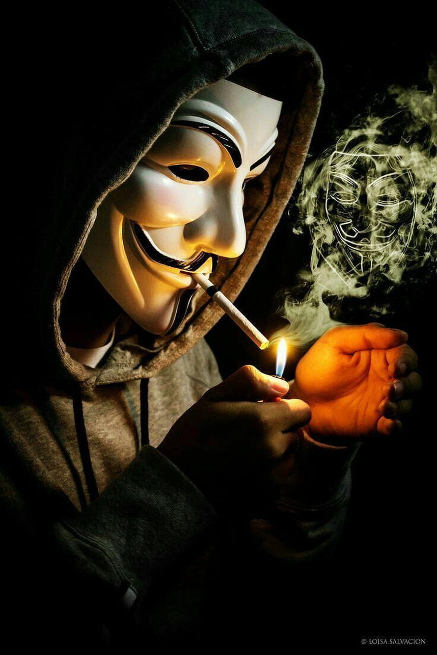 Anonymous Guy Fawkes Mask Smoker Lighting Cigarette With Smoke Art HD phone wallpaper
