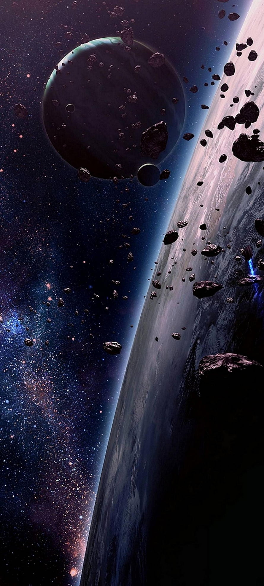 Dramatic Space Scene Featuring a Distant Planet, Asteroid Field, and Starry Galaxy HD phone wallpaper