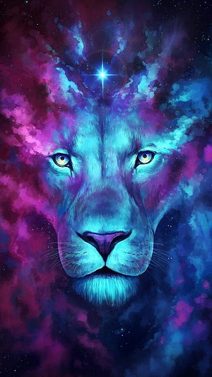 Cosmic Lion Portrait with Nebula and Starburst in Vibrant Purple and Blue Tones HD phone wallpaper