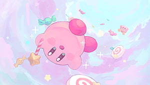 Cute Pink Kirby Floating Among Pastel Candy and Sweets in a Dreamy Sky HD wallpaper