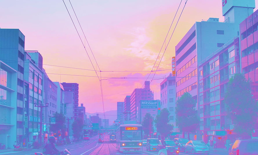 Sailor Moon Aesthetic Japanese City Street at Sunset with Pastel Pink and Blue Hues HD wallpaper