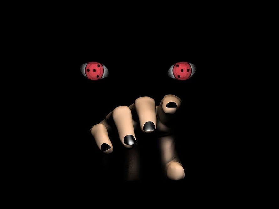 Itachi Uchiha Sharingan Eyes and Hand Emerging from Darkness HD wallpaper