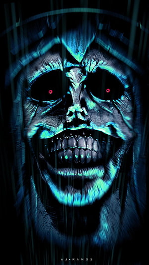 Glowing Blue Skull With Red Eyes And Rain Effect HD phone wallpaper