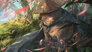 Samurai Doge: A Shiba Inu Warrior in a Bamboo Hat Amidst Cherry Blossoms HD wallpaper