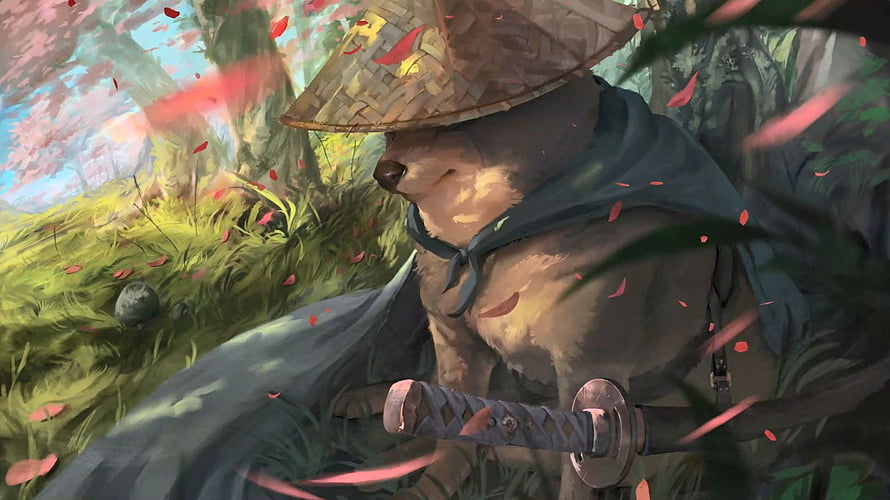 Samurai Doge: A Shiba Inu Warrior in a Bamboo Hat Amidst Cherry Blossoms HD wallpaper
